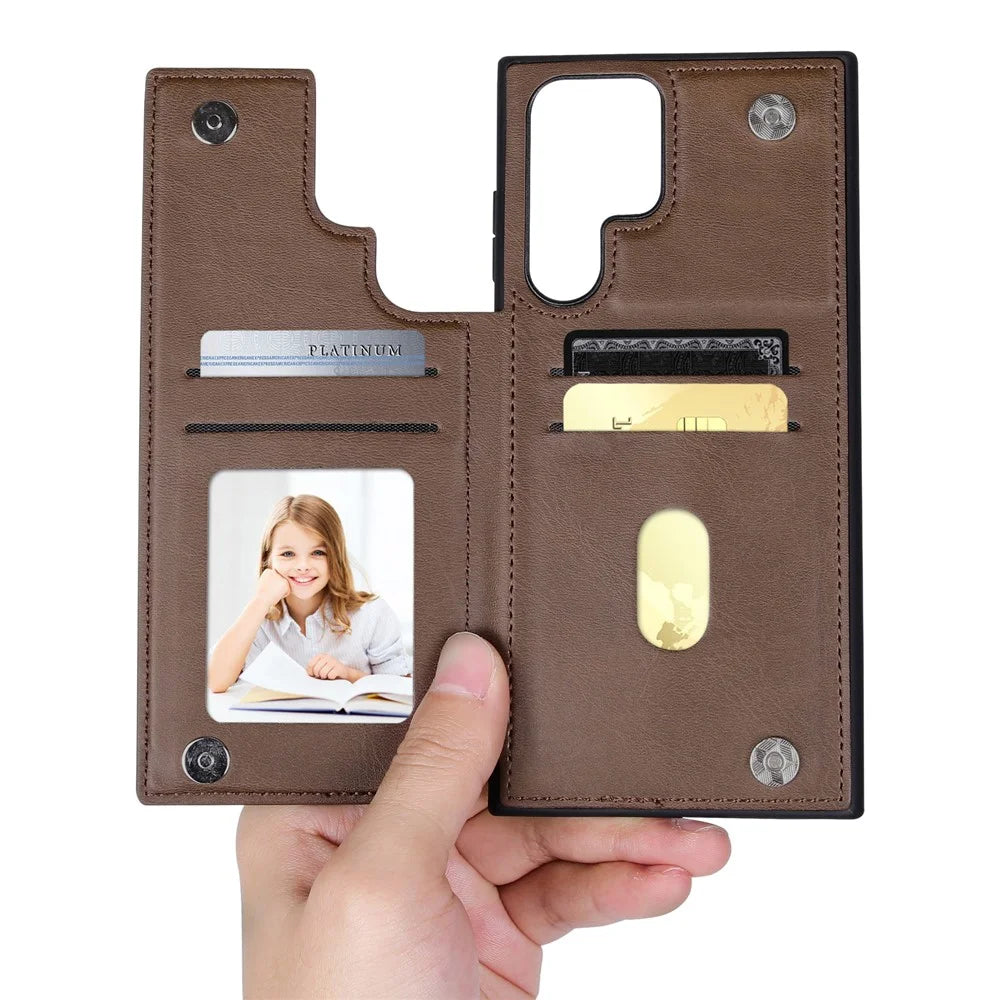 HANMAN Mika Series For Samsung Galaxy S23 Ultra Magnetic Card Slots Design PU Leather Coated TPU Protective Case Phone Back Cover - Brown - 6