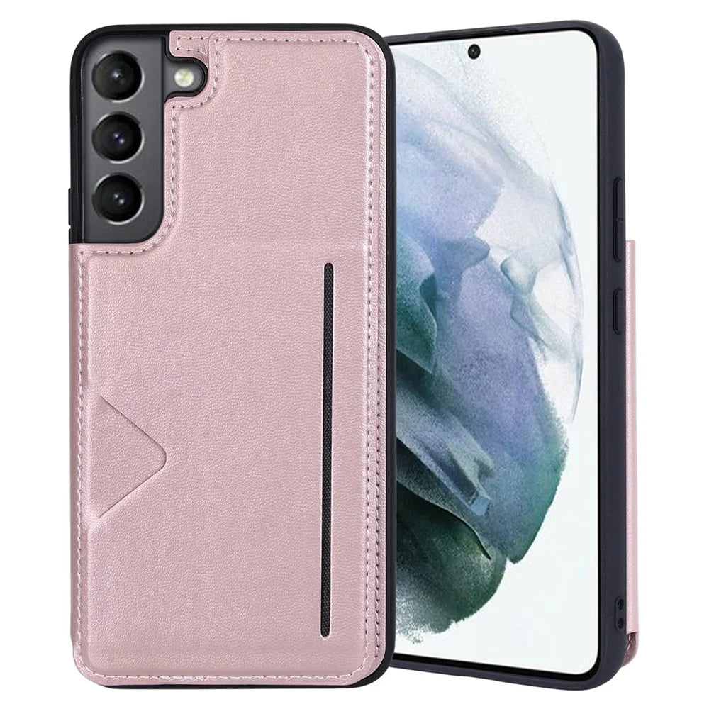 HANMAN Mika Series For Samsung Galaxy S23 PU Leather Coated TPU Protective Case Magnetic Card Slots Design Cell Phone Shell Cover - Rose Gold - 1