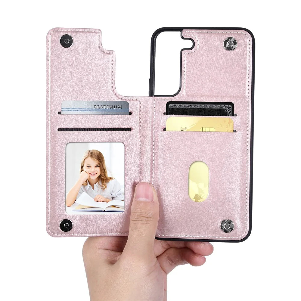 HANMAN Mika Series For Samsung Galaxy S23 PU Leather Coated TPU Protective Case Magnetic Card Slots Design Cell Phone Shell Cover - Rose Gold - 4
