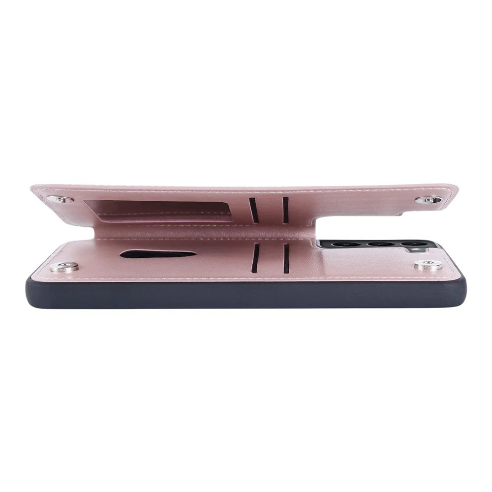 HANMAN Mika Series For Samsung Galaxy S23 PU Leather Coated TPU Protective Case Magnetic Card Slots Design Cell Phone Shell Cover - Rose Gold - 5