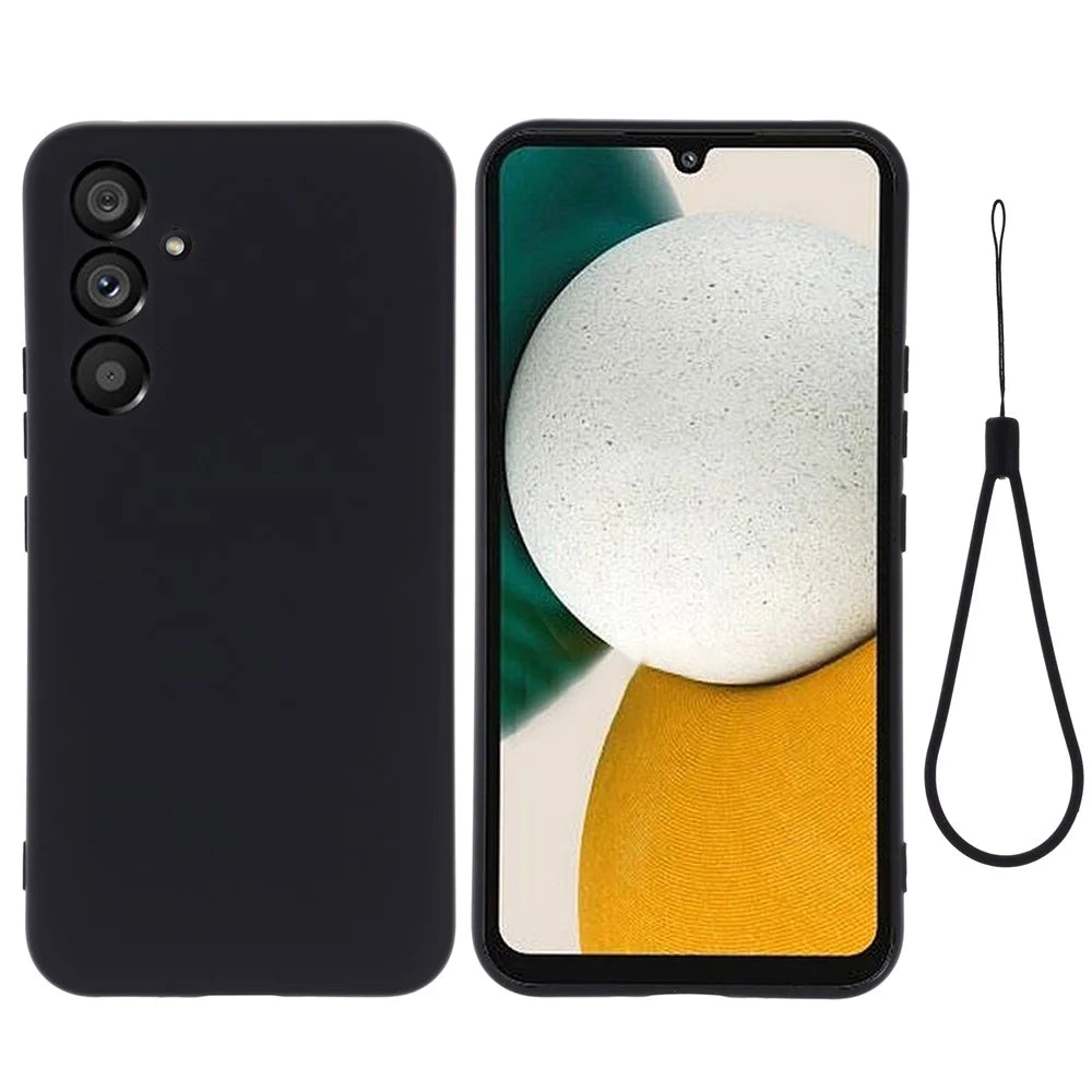 For Samsung Galaxy A34 5G Scratch-resistant Liquid Silicone Case Cell Phone Cover Protector with Strap - Black - 1