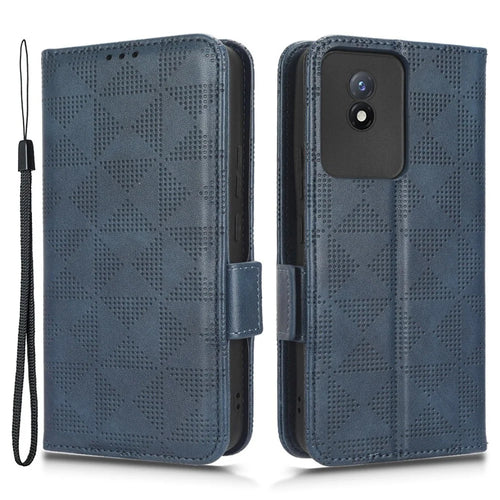 For vivo Y02 4G Protector Case PU Leather Imprinted Triangle Pattern Stand Phone Cover Wallet - Blue - 1