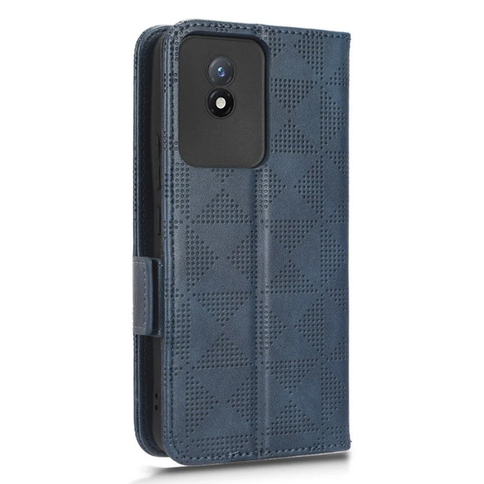 For vivo Y02 4G Protector Case PU Leather Imprinted Triangle Pattern Stand Phone Cover Wallet - Blue - 6