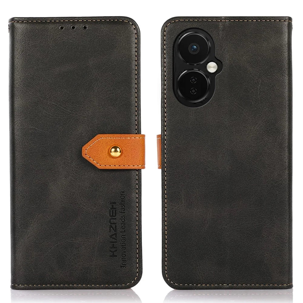 KHAZNEH For OnePlus Nord CE 3 Lite 5G / Nord N30 5G Cowhide Texture Cell Phone Case PU Leather Gold Buckle Stand Wallet Cover - Black - 1