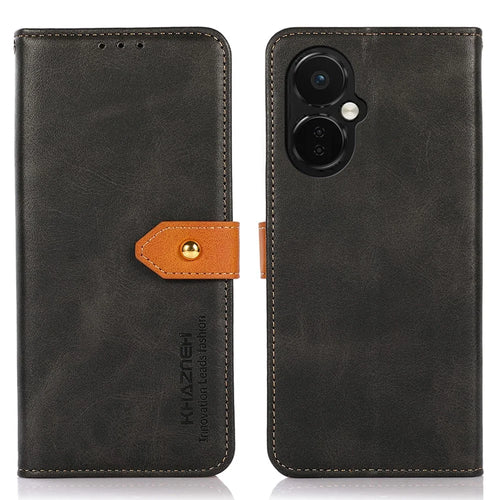 KHAZNEH For OnePlus Nord CE 3 Lite 5G / Nord N30 5G Cowhide Texture Cell Phone Case PU Leather Gold Buckle Stand Wallet Cover - Black - 1
