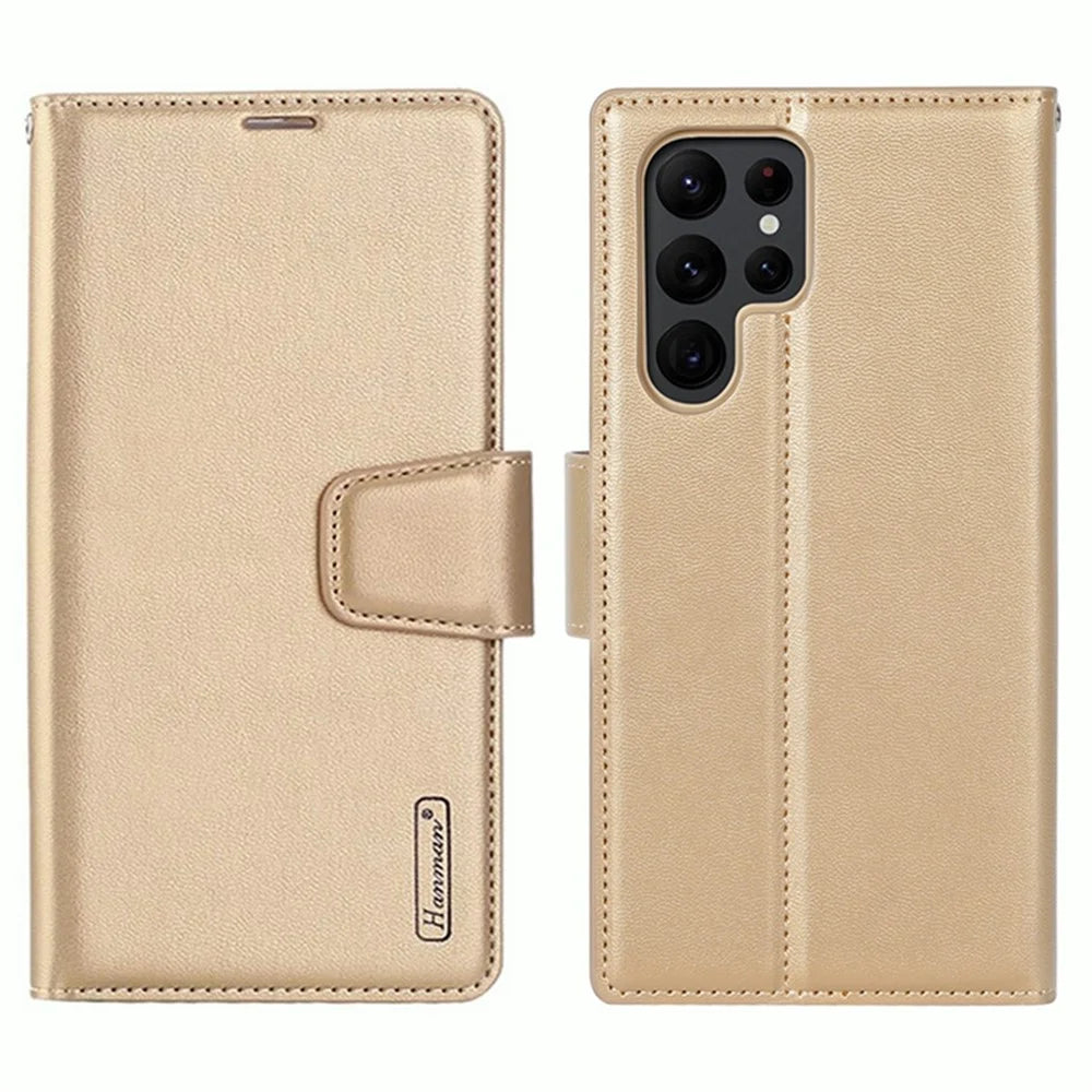 HANMAN Mill Series PU Leather Case for Samsung Galaxy S23 Ultra , Magnetic Flip Stand Wallet Phone Cover - Gold - 1