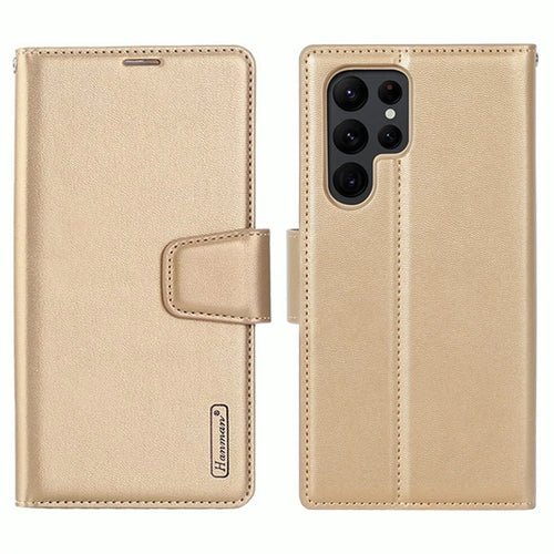 HANMAN Mill Series PU Leather Case for Samsung Galaxy S23 Ultra , Magnetic Flip Stand Wallet Phone Cover - Gold - 1