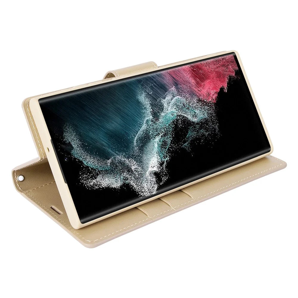 HANMAN Mill Series PU Leather Case for Samsung Galaxy S23 Ultra , Magnetic Flip Stand Wallet Phone Cover - Gold - 2