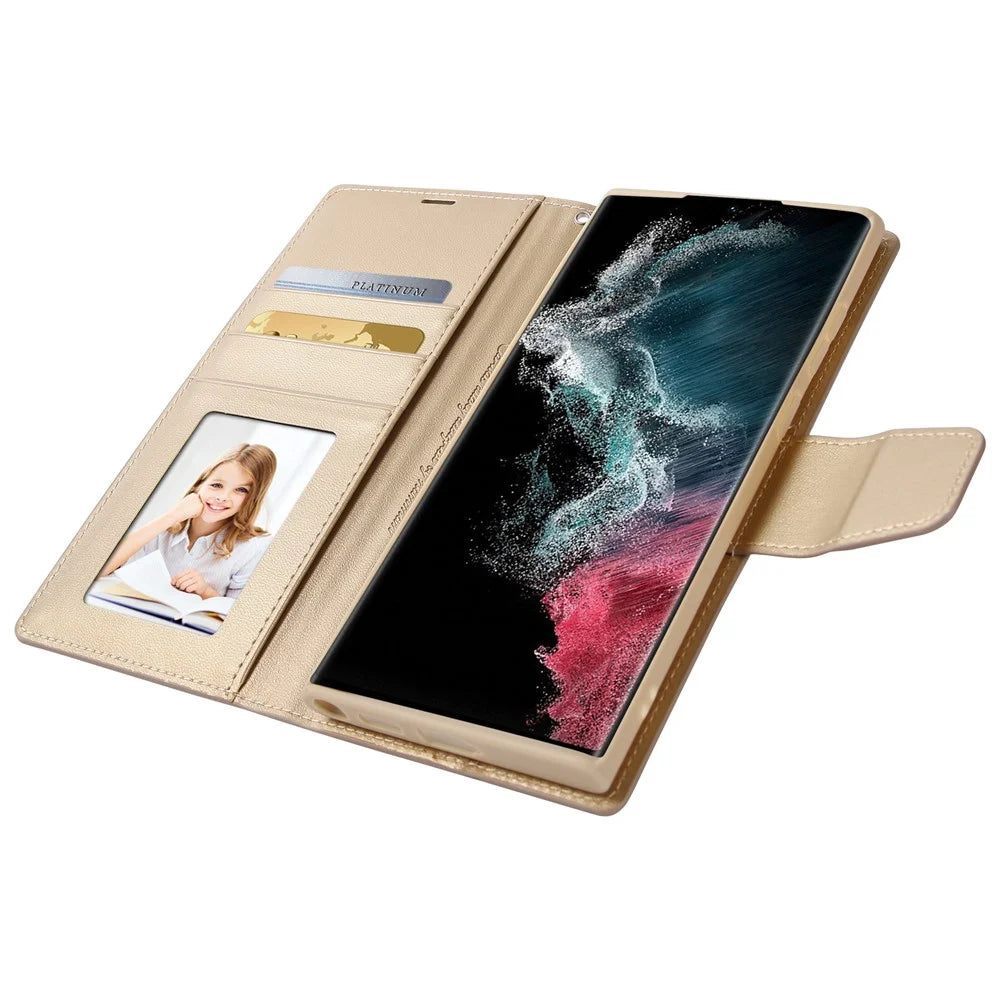 HANMAN Mill Series PU Leather Case for Samsung Galaxy S23 Ultra , Magnetic Flip Stand Wallet Phone Cover - Gold - 3