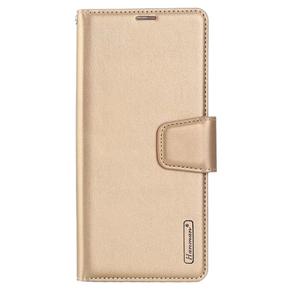 HANMAN Mill Series PU Leather Case for Samsung Galaxy S23 Ultra , Magnetic Flip Stand Wallet Phone Cover - Gold - 4