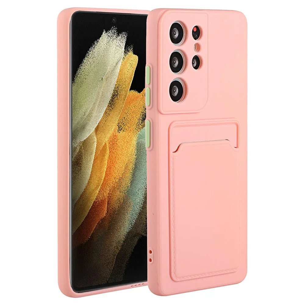 Anti-drop Phone Case For Samsung Galaxy S23 Ultra , Flexible TPU Protective Phone Cover with Card Holder - Pink - 1