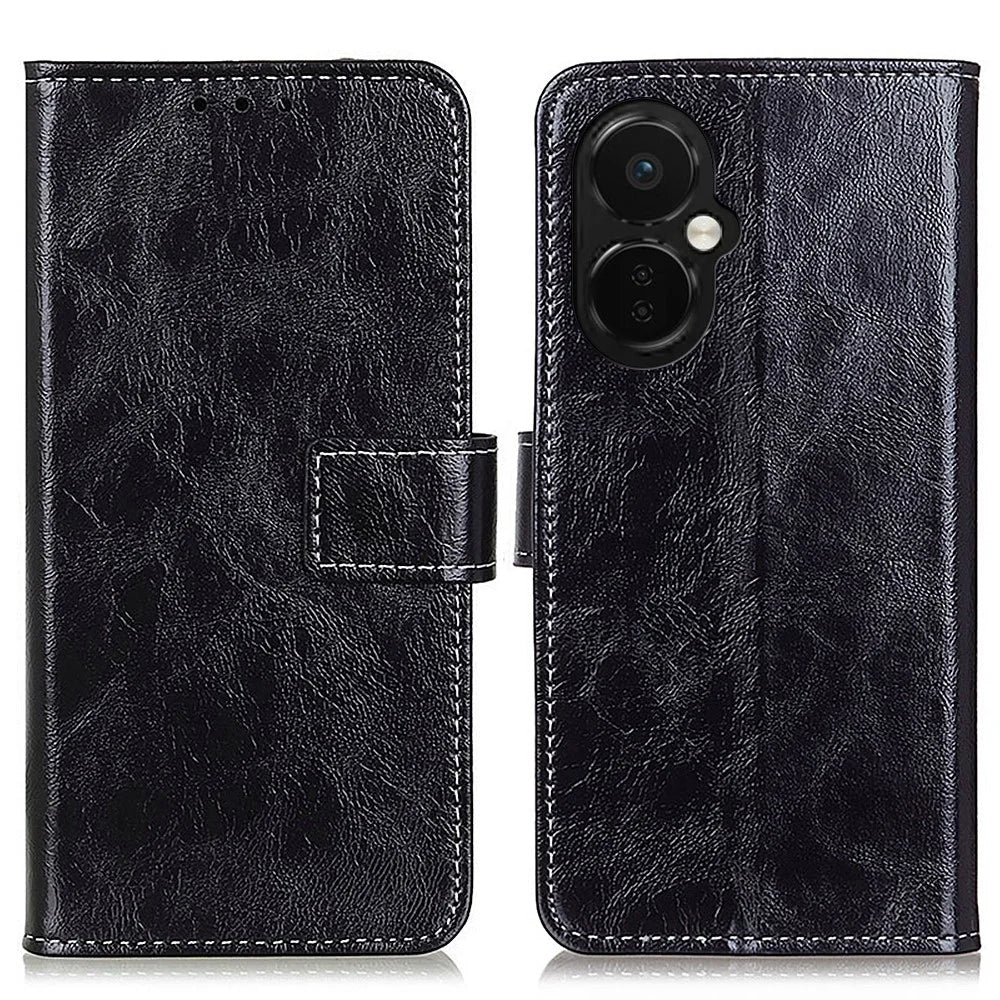 For OnePlus Nord CE 3 Lite 5G / Nord N30 5G Phone Stand Cover PU Leather Retro Crazy Horse Texture Wallet Phone Case - Black - 1