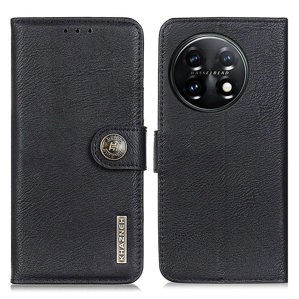 KHAZNEH Protective Phone Case for OnePlus 11 5G , Flip Leather Cowhide Texture Shockproof Phone Cover with Wallet Stand - Black - 1