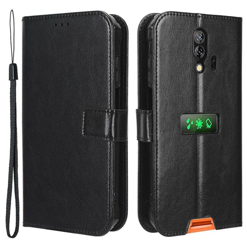 For Blackview BV7200 4G Crazy Horse Texture Wallet Stand Case PU Leather Flip Phone Cover with Strap - Black - 1
