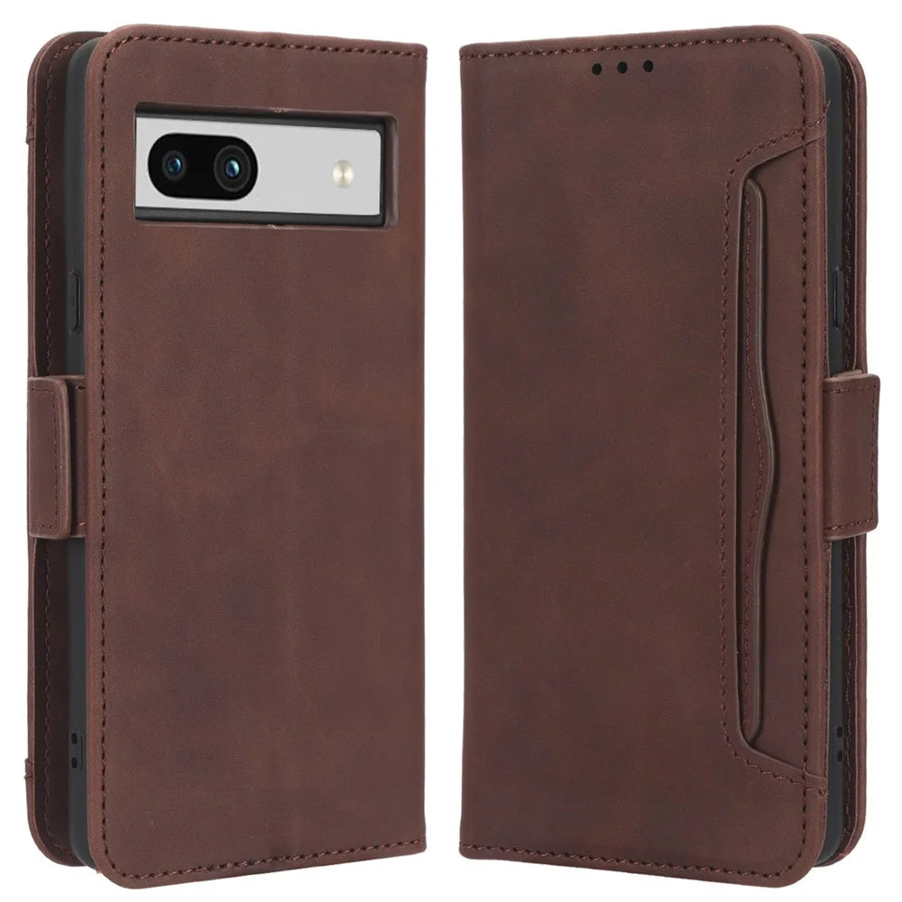 For Google Pixel 7a Wallet Protective Phone Case Multiple Card Slots PU Leather Phone Stand Cover - Brown - 1
