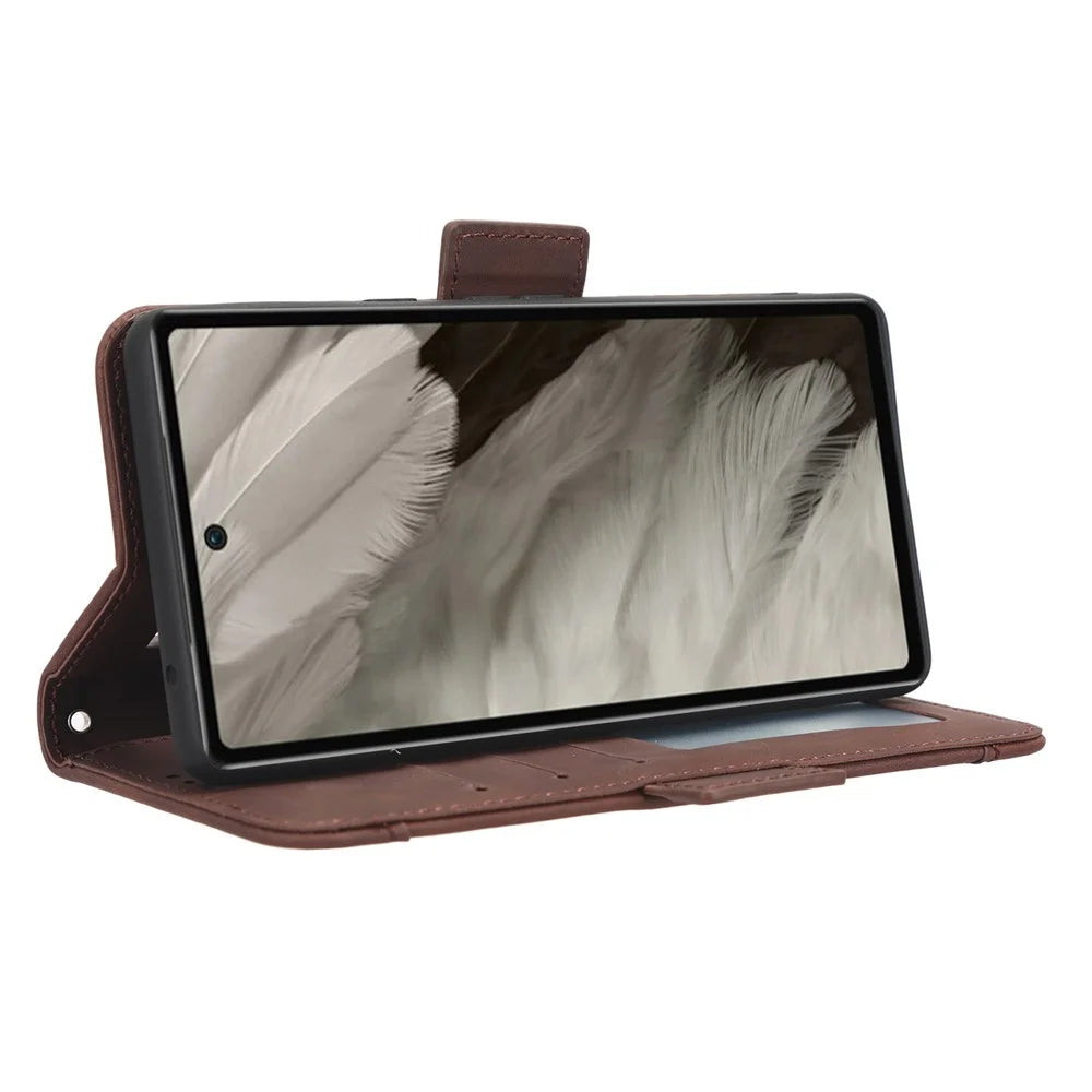For Google Pixel 7a Wallet Protective Phone Case Multiple Card Slots PU Leather Phone Stand Cover - Brown - 3