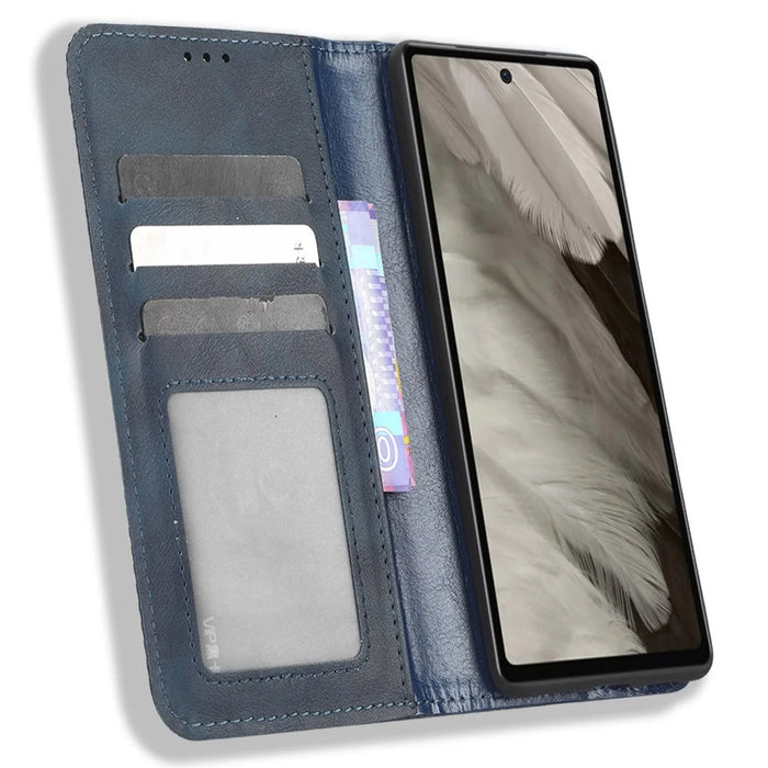 For Google Pixel 7a Supporting Stand Wallet Retro Texture Phone Case Drop-proof PU Leather Cellphone Cover - Blue - 2