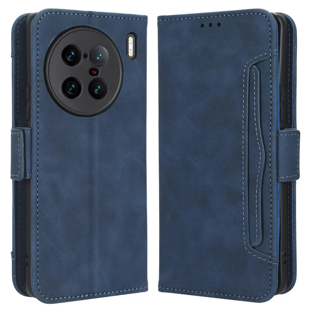 For vivo X90 Pro+ 5G PU Leather Flip Cover Multiple Card Slots Stand Wallet Phone Case - Blue - 1