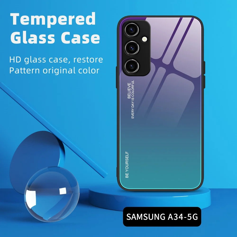 For Samsung Galaxy A34 5G Gradient Color Phone Case Tempered Glass + PC + TPU Hybrid Shell Shock Absorption Cover - Blue  /  Rose - 3