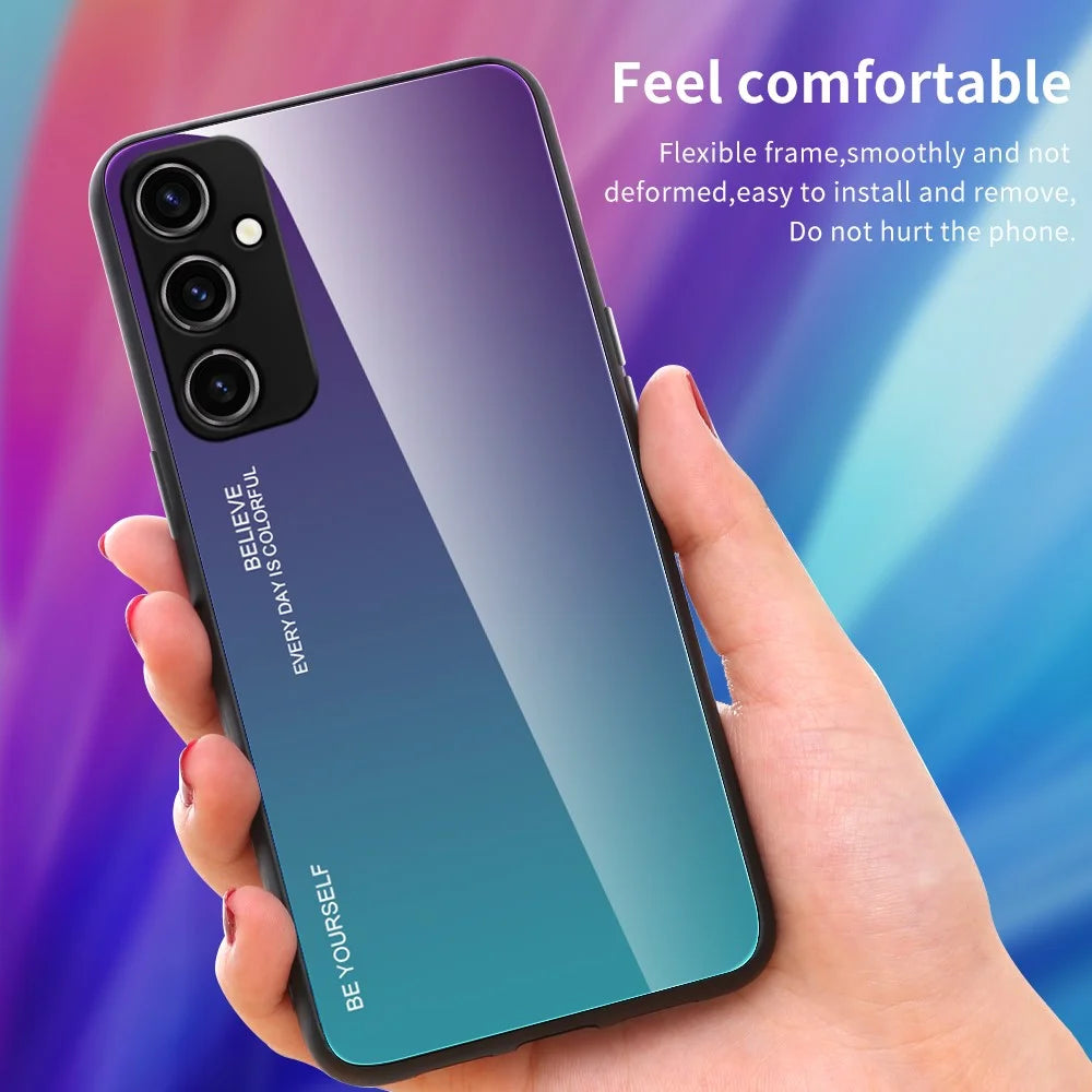 For Samsung Galaxy A34 5G Gradient Color Phone Case Tempered Glass + PC + TPU Hybrid Shell Shock Absorption Cover - Blue  /  Rose - 5