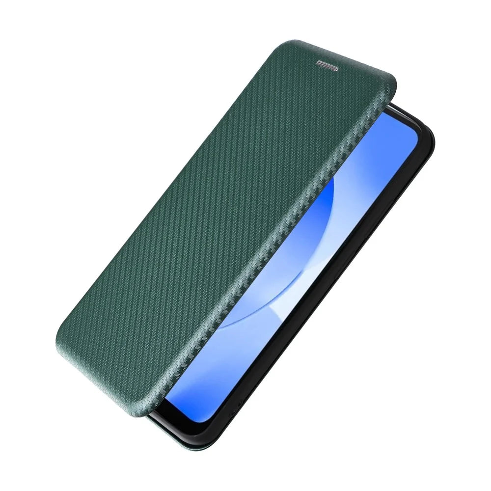 For Blackview A52 4G PU Leather Stand Card Slots Case Carbon Fiber Texture Magnetic Auto-absorbed Folio Phone Cover - Green - 4