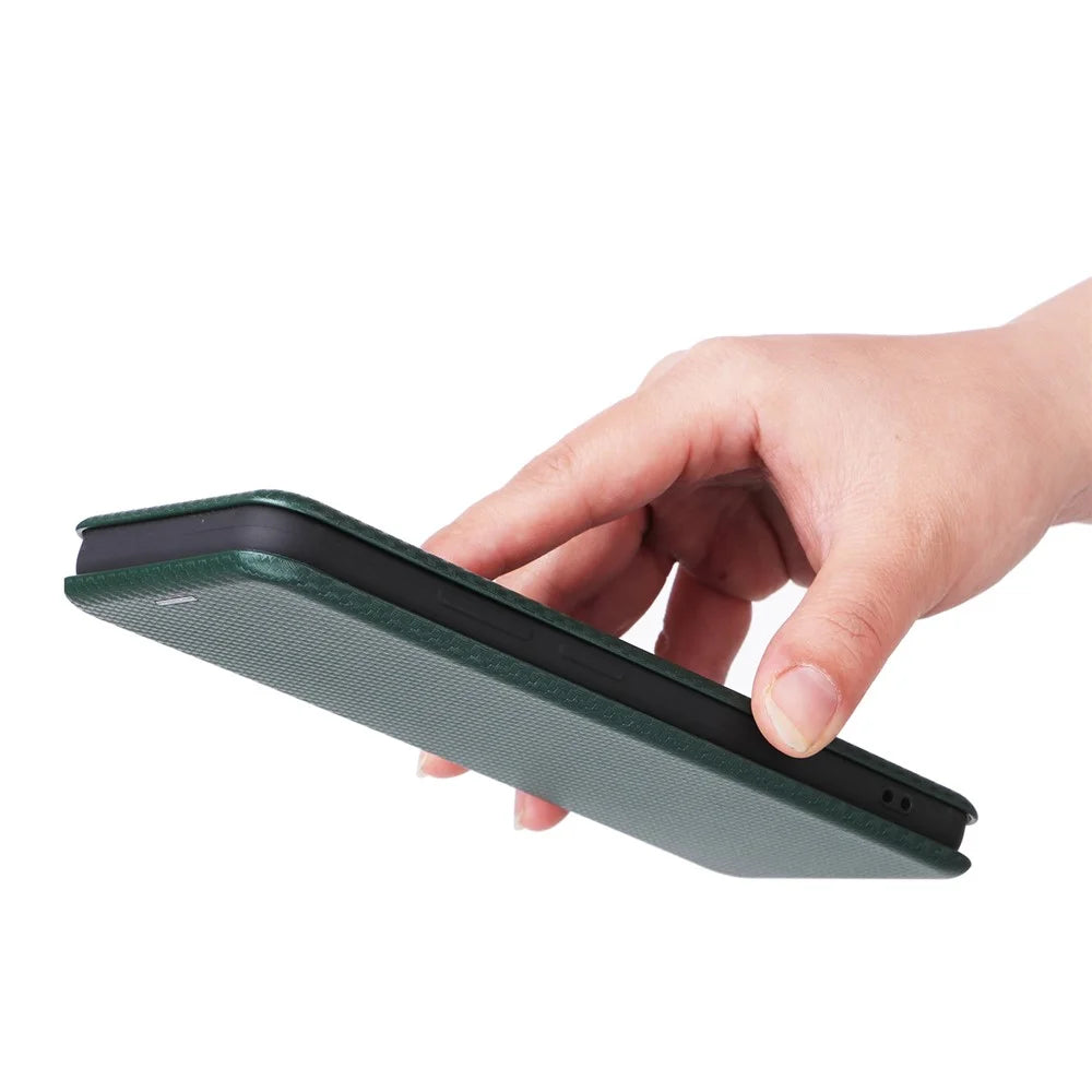 For Blackview A52 4G PU Leather Stand Card Slots Case Carbon Fiber Texture Magnetic Auto-absorbed Folio Phone Cover - Green - 6