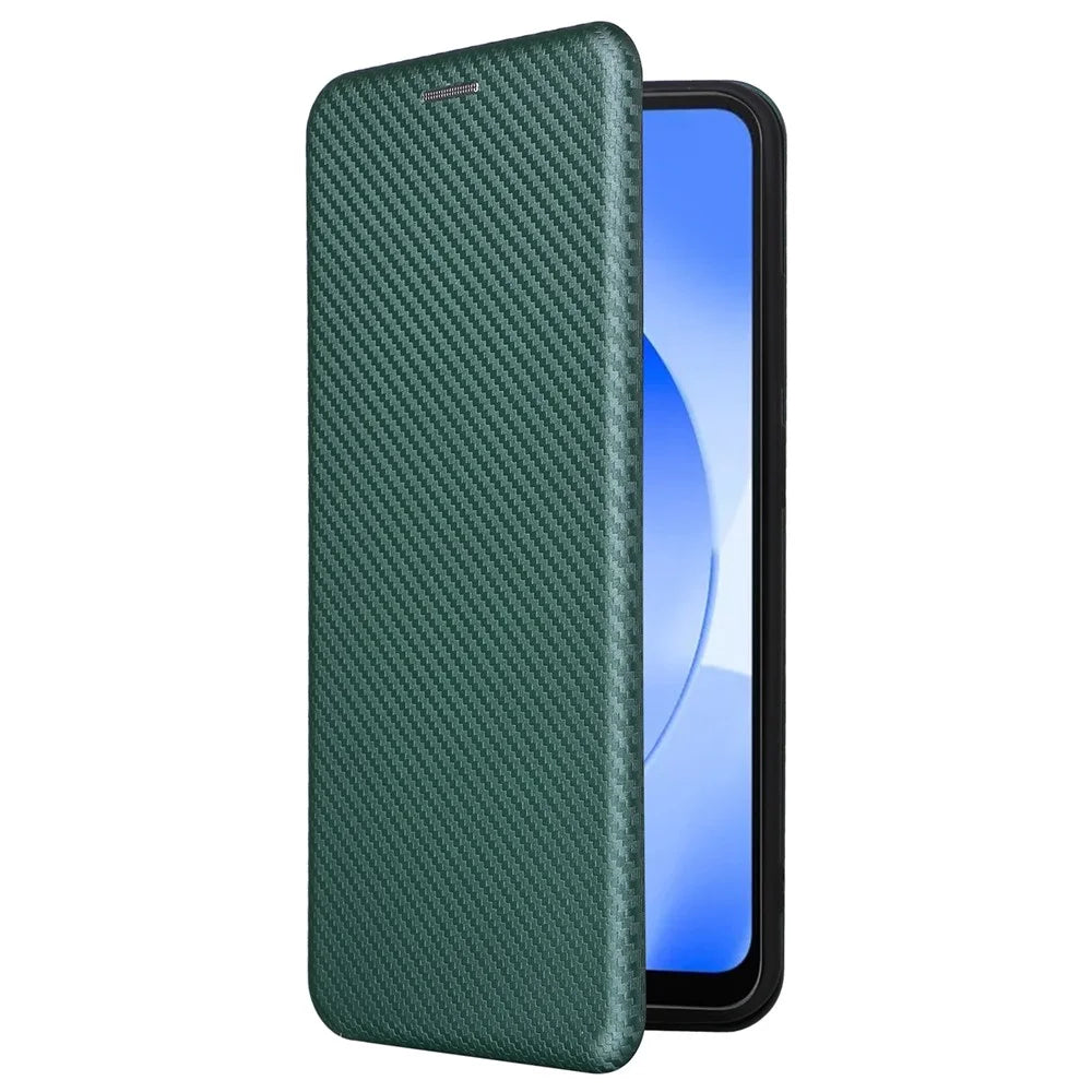 For Blackview A52 4G PU Leather Stand Card Slots Case Carbon Fiber Texture Magnetic Auto-absorbed Folio Phone Cover - Green - 7