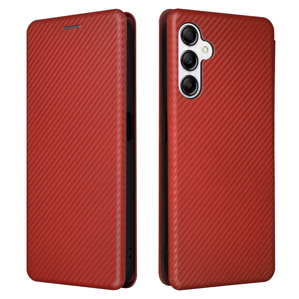 PU Leather Magnetic Phone Case for Samsung Galaxy A14 5G / A14 4G Stand Card Holder Slot Carbon Fiber Pattern Phone Cover - Red - 1