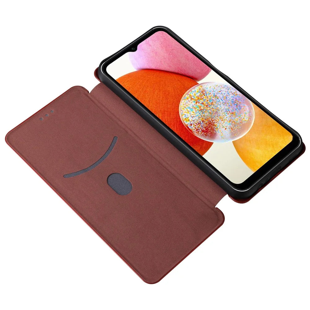 PU Leather Magnetic Phone Case for Samsung Galaxy A14 5G / A14 4G Stand Card Holder Slot Carbon Fiber Pattern Phone Cover - Red - 2