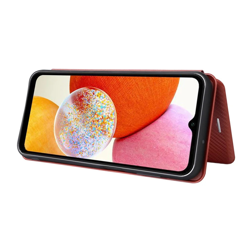 PU Leather Magnetic Phone Case for Samsung Galaxy A14 5G / A14 4G Stand Card Holder Slot Carbon Fiber Pattern Phone Cover - Red - 3