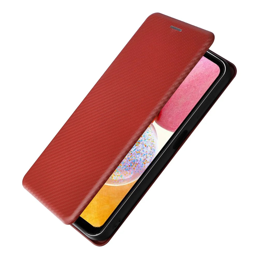 PU Leather Magnetic Phone Case for Samsung Galaxy A14 5G / A14 4G Stand Card Holder Slot Carbon Fiber Pattern Phone Cover - Red - 4