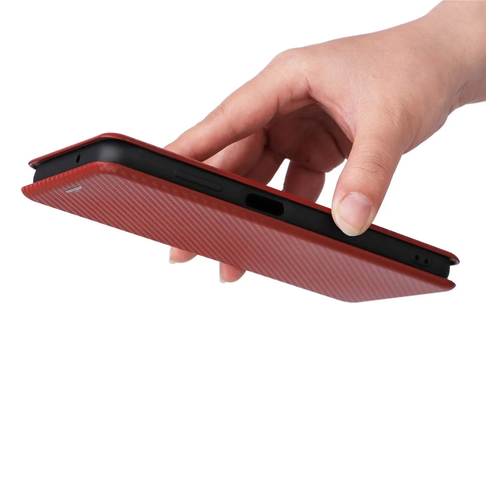 PU Leather Magnetic Phone Case for Samsung Galaxy A14 5G / A14 4G Stand Card Holder Slot Carbon Fiber Pattern Phone Cover - Red - 6