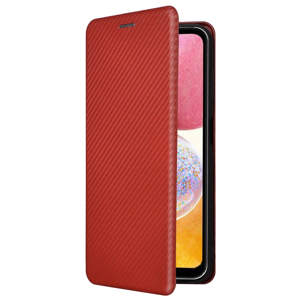 PU Leather Magnetic Phone Case for Samsung Galaxy A14 5G / A14 4G Stand Card Holder Slot Carbon Fiber Pattern Phone Cover - Red - 7