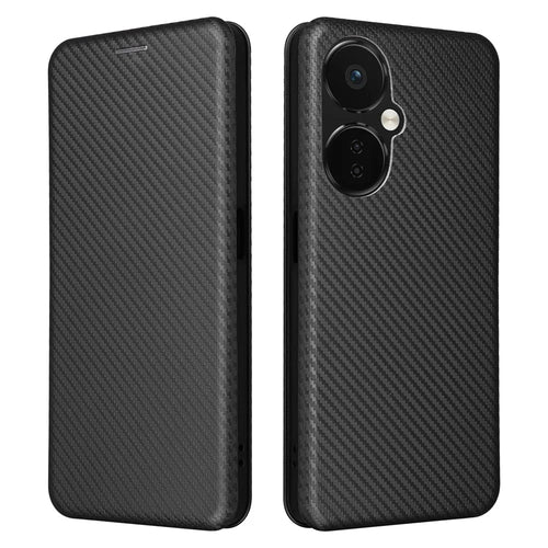 PU Leather Stand Case for OnePlus Nord CE 3 Lite 5G / Nord N30 5G , Magnetic Absorption Design Carbon Fiber Texture Phone Cover with Card Holder- Black - 1