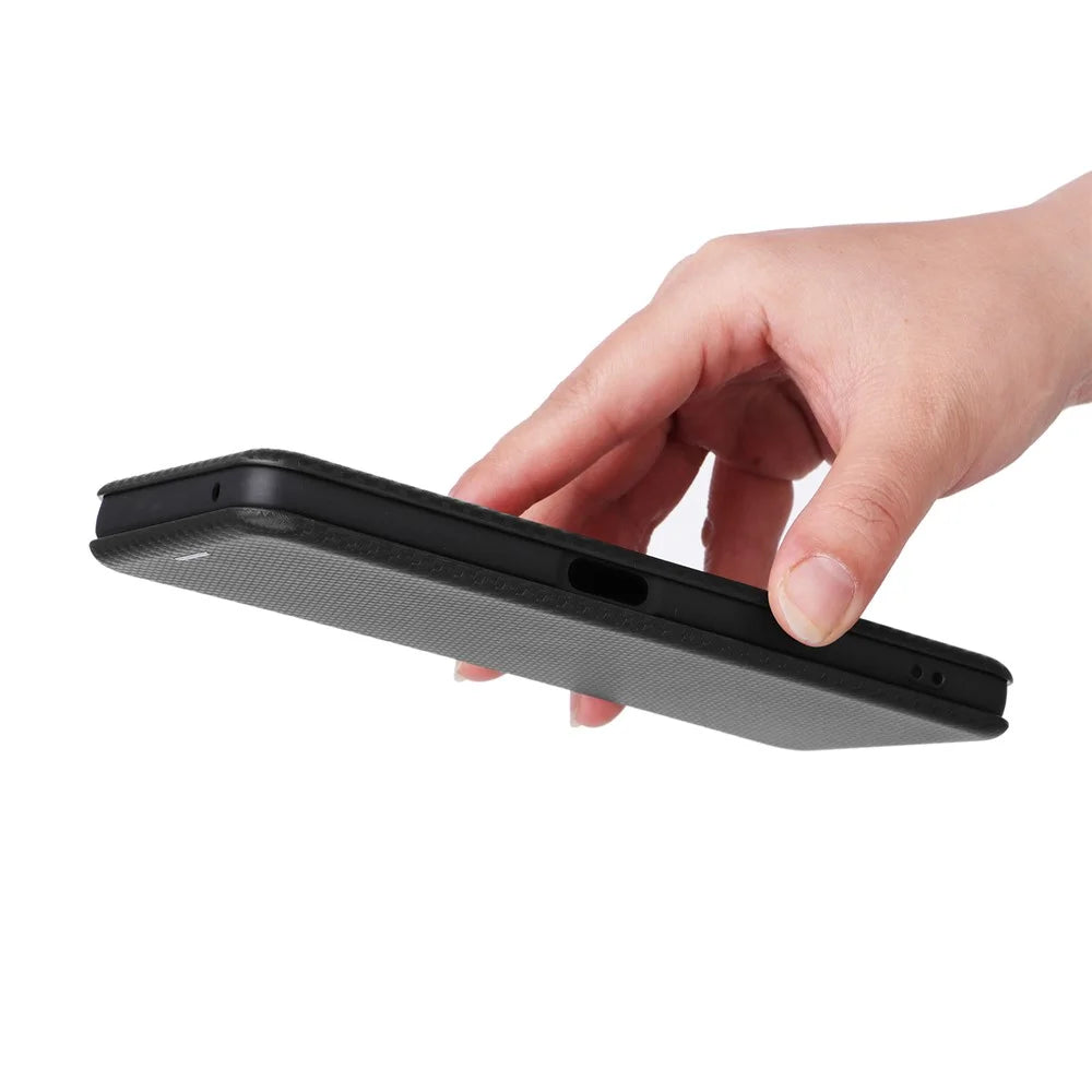 PU Leather Stand Case for OnePlus Nord CE 3 Lite 5G / Nord N30 5G , Magnetic Absorption Design Carbon Fiber Texture Phone Cover with Card Holder- Black - 6