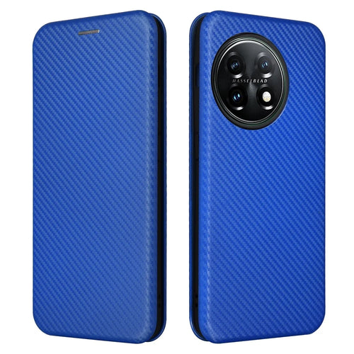For OnePlus 11 5G PU Leather Stand Card Slots Case Carbon Fiber Texture Magnetic Auto-absorbed Folio Phone Cover - Blue - 1
