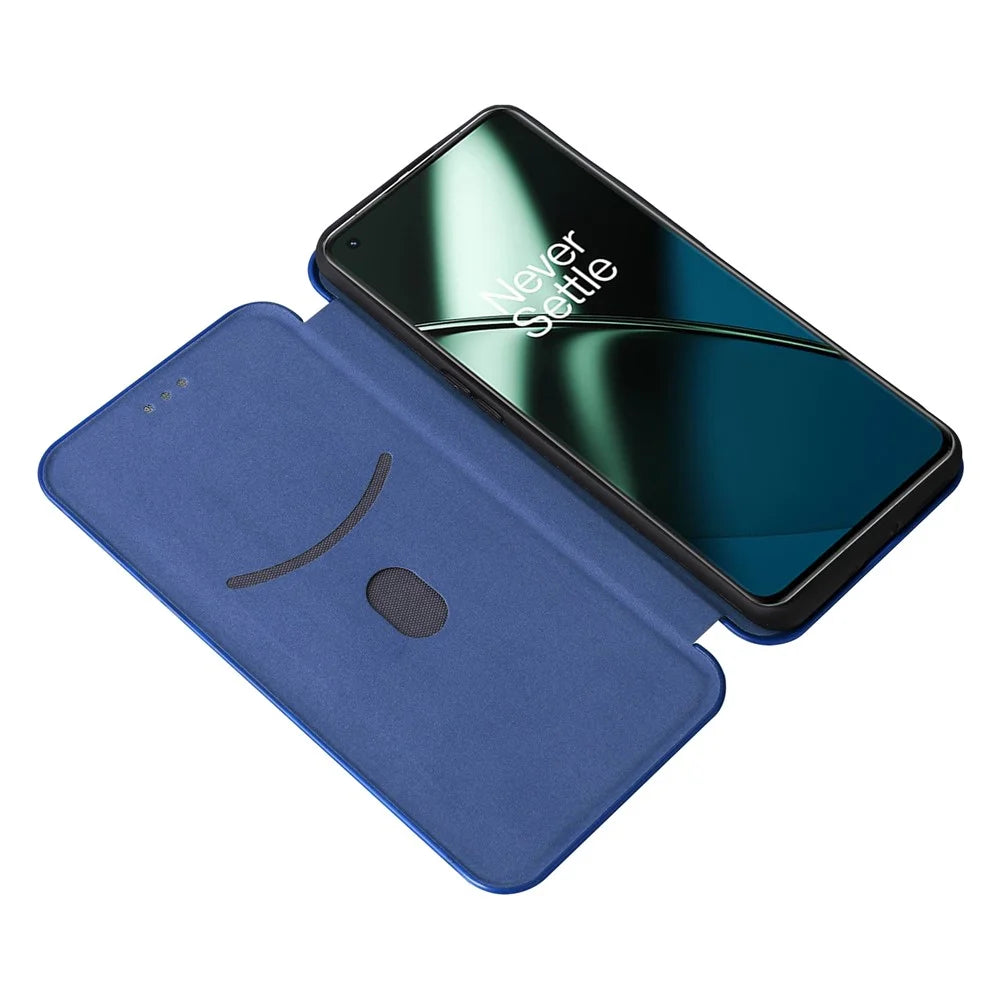 For OnePlus 11 5G PU Leather Stand Card Slots Case Carbon Fiber Texture Magnetic Auto-absorbed Folio Phone Cover - Blue - 2