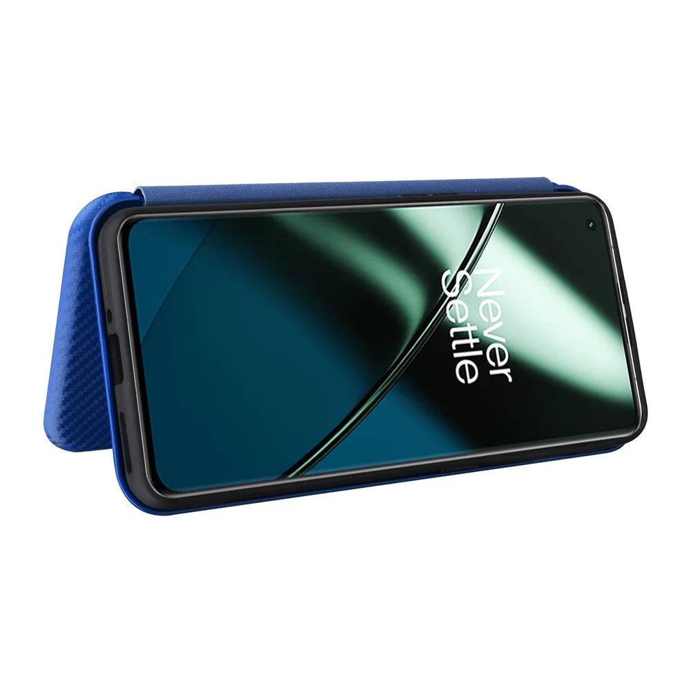 For OnePlus 11 5G PU Leather Stand Card Slots Case Carbon Fiber Texture Magnetic Auto-absorbed Folio Phone Cover - Blue - 3