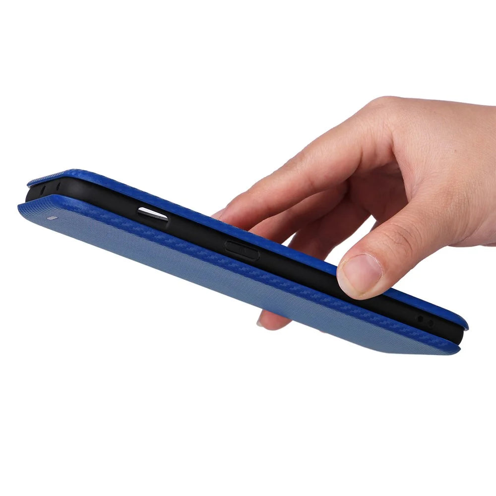 For OnePlus 11 5G PU Leather Stand Card Slots Case Carbon Fiber Texture Magnetic Auto-absorbed Folio Phone Cover - Blue - 6