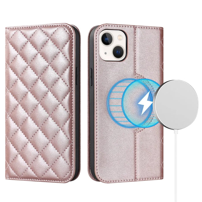 For iPhone 13 mini 5.4 inch RFID Blocking Phone Case Card Holder Stand Phone Leather Cover Compatible with MagSafe - Rose Gold - 1