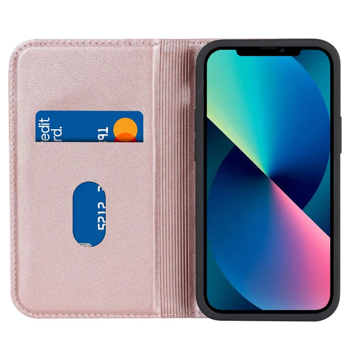 For iPhone 13 mini 5.4 inch RFID Blocking Phone Case Card Holder Stand Phone Leather Cover Compatible with MagSafe - Rose Gold - 2