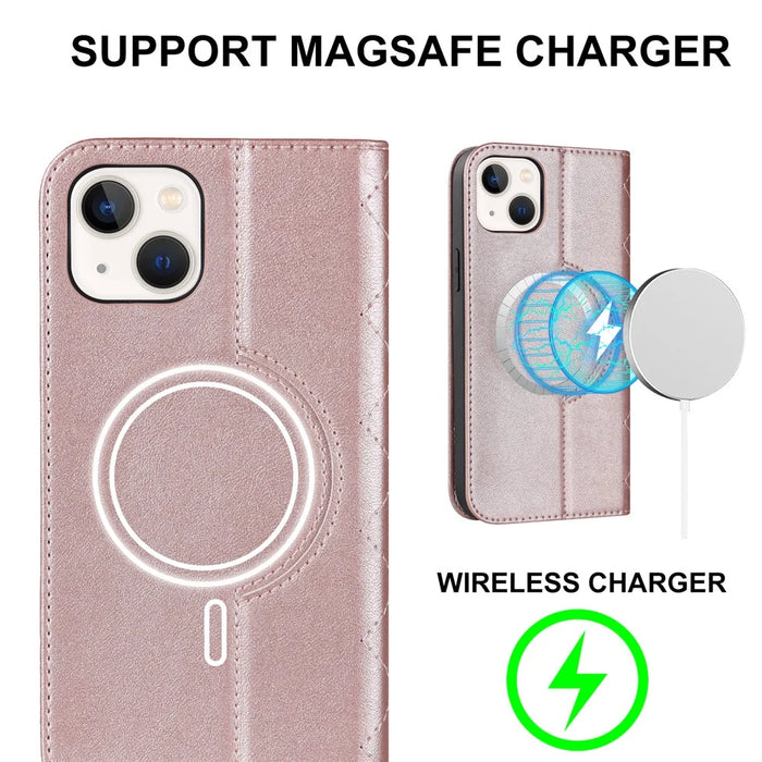 For iPhone 13 mini 5.4 inch RFID Blocking Phone Case Card Holder Stand Phone Leather Cover Compatible with MagSafe - Rose Gold - 4