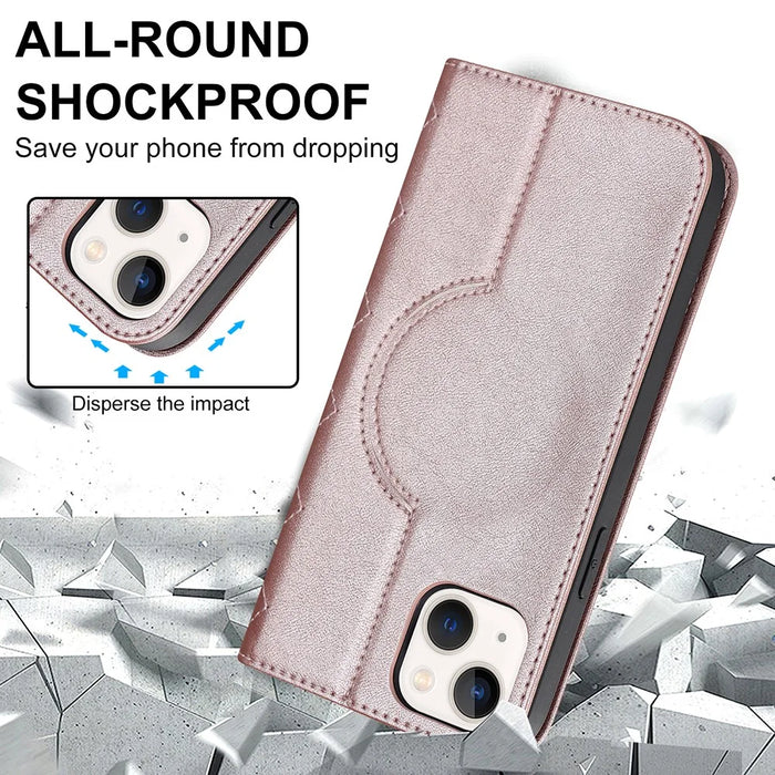 For iPhone 13 mini 5.4 inch RFID Blocking Phone Case Card Holder Stand Phone Leather Cover Compatible with MagSafe - Rose Gold - 5