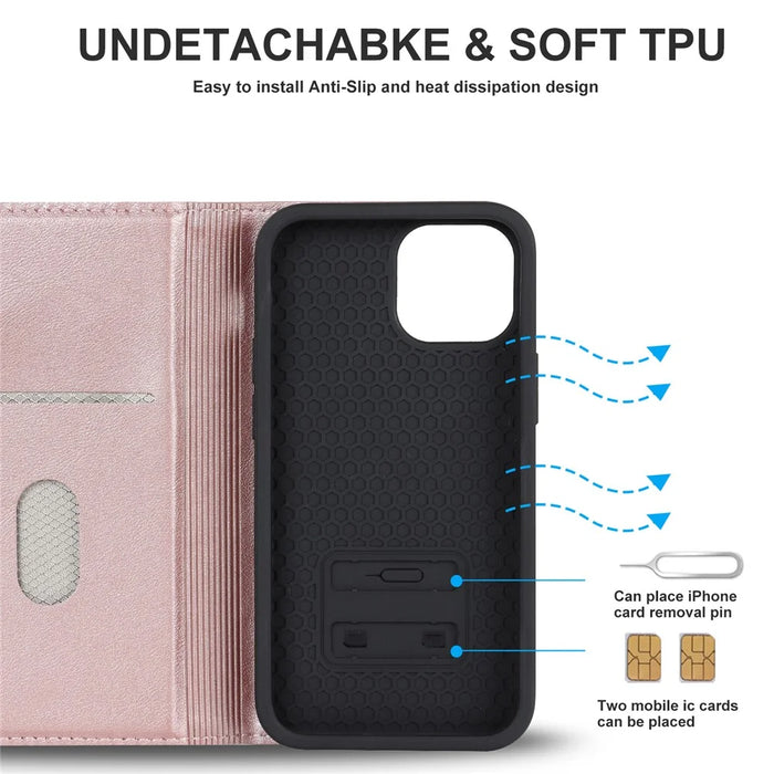 For iPhone 13 mini 5.4 inch RFID Blocking Phone Case Card Holder Stand Phone Leather Cover Compatible with MagSafe - Rose Gold - 6