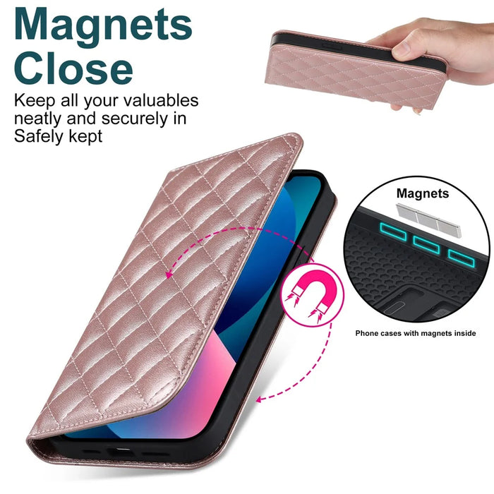 For iPhone 13 mini 5.4 inch RFID Blocking Phone Case Card Holder Stand Phone Leather Cover Compatible with MagSafe - Rose Gold - 7