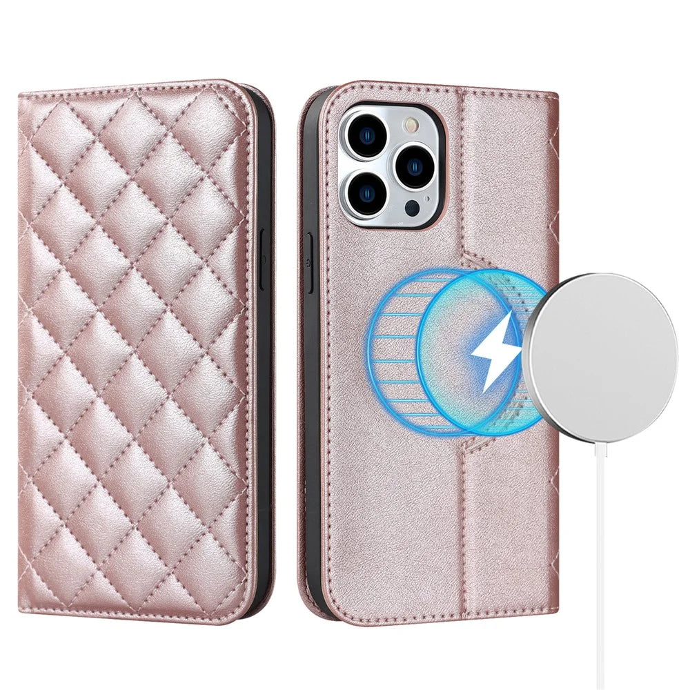 For iPhone 12 / 12 Pro 6.1 inch Magnetic Phone Case RFID Blocking PU Leather Card Holder Stand Cover Compatible with MagSafe - Rose Gold - 1