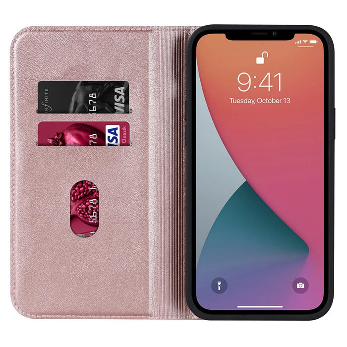 For iPhone 12 / 12 Pro 6.1 inch Magnetic Phone Case RFID Blocking PU Leather Card Holder Stand Cover Compatible with MagSafe - Rose Gold - 2