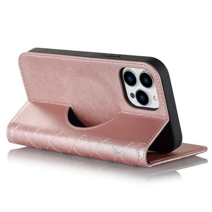 For iPhone 12 / 12 Pro 6.1 inch Magnetic Phone Case RFID Blocking PU Leather Card Holder Stand Cover Compatible with MagSafe - Rose Gold - 3