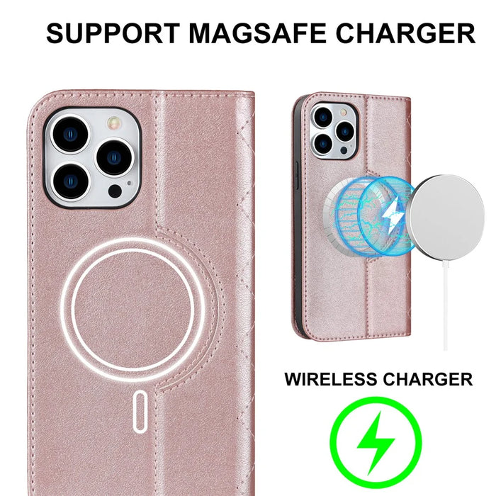 For iPhone 12 / 12 Pro 6.1 inch Magnetic Phone Case RFID Blocking PU Leather Card Holder Stand Cover Compatible with MagSafe - Rose Gold - 4