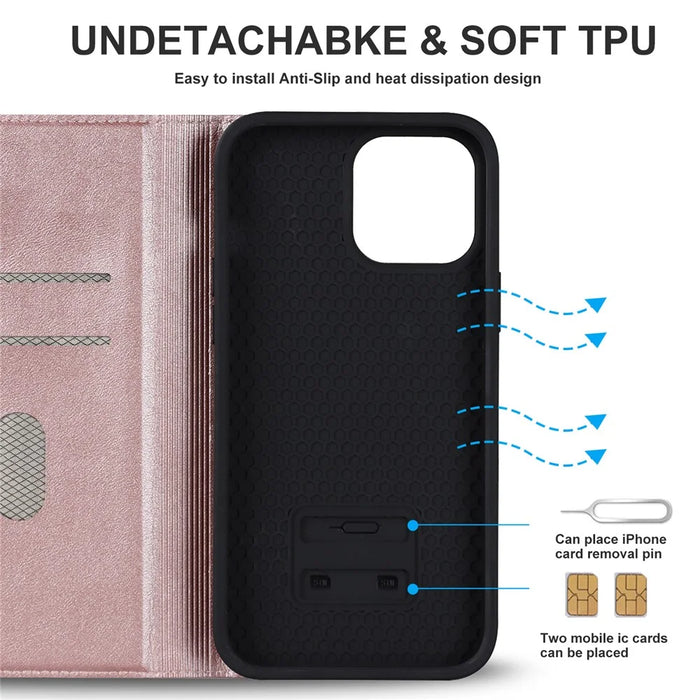 For iPhone 12 / 12 Pro 6.1 inch Magnetic Phone Case RFID Blocking PU Leather Card Holder Stand Cover Compatible with MagSafe - Rose Gold - 6